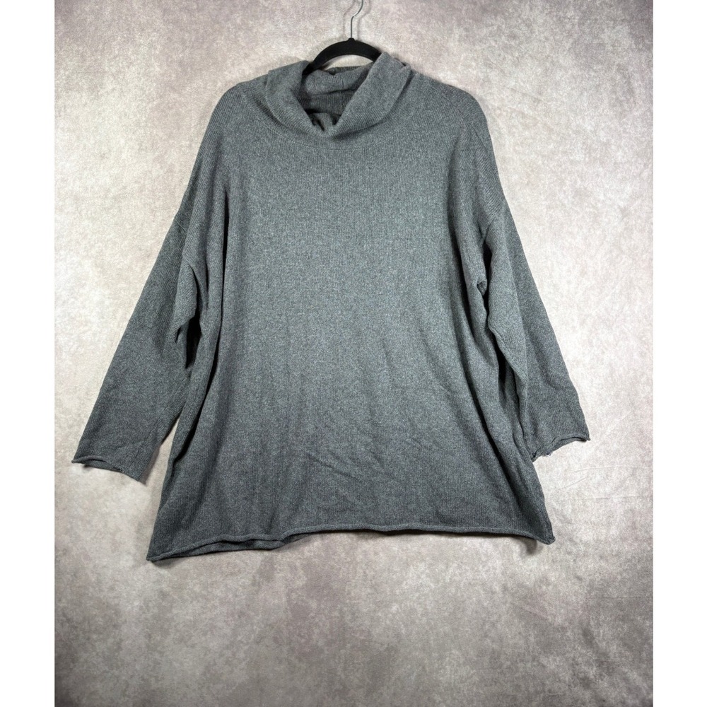 Eileen Fisher Sweater Womens Large Gray Cashmere Cotton Funnel Neck Oversized
